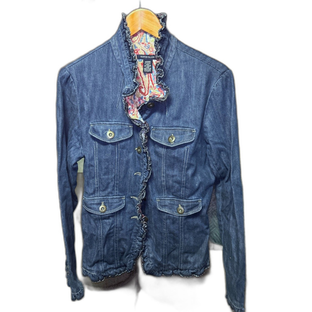 Boston Proper Denim Jacket Medium Ruffle Collar - Picture 2 of 6